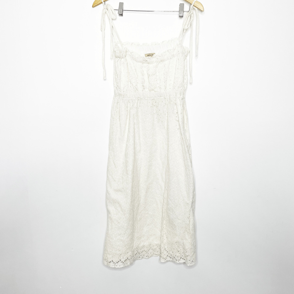 BEULAH lace tie shoulder midi dress cream white sleeveless coquette womens L